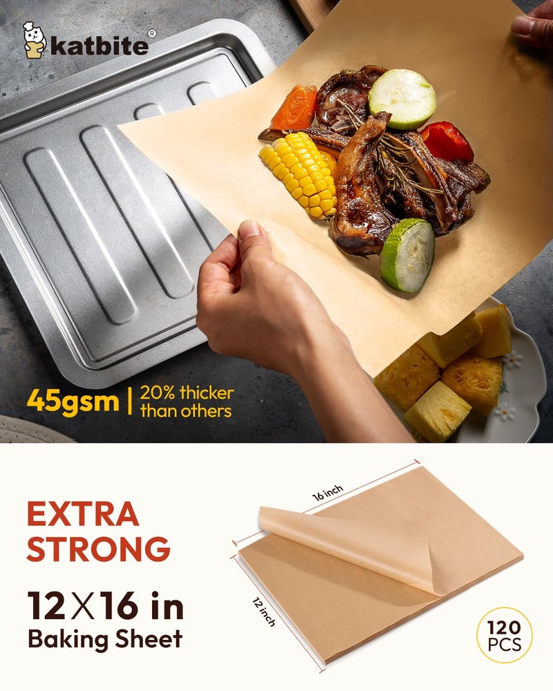 katbite أوراق الخبز من كاتبايت غير المبيضة، 120 قطعة مقاس 12x16 بوصة، ورق برشمان مقطع مسبقًا للخبز، قوي وغير لاصق، ورق نصف ورقة للخبز والطهي والتبخير، ورق للفرن - Image 2